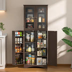 White 64" Tall Glass Door Kitchen Pantry Cabinet, 4-Door, 1-Person Assembly