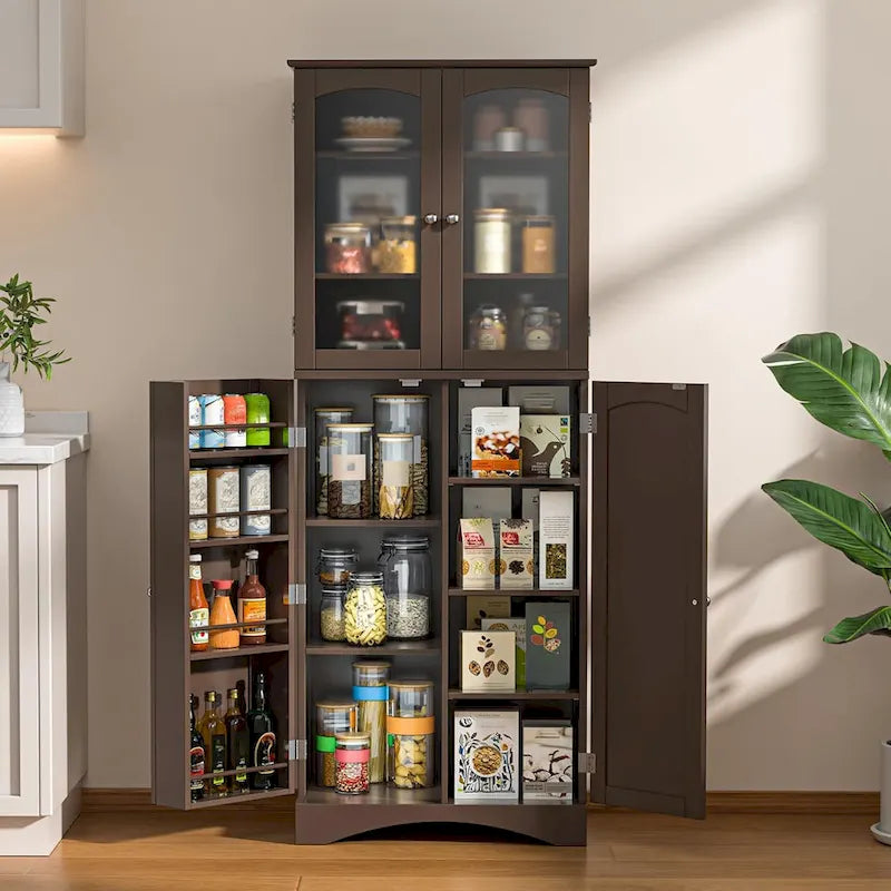 White 64" Tall Glass Door Kitchen Pantry Cabinet, 4-Door, 1-Person Assembly
