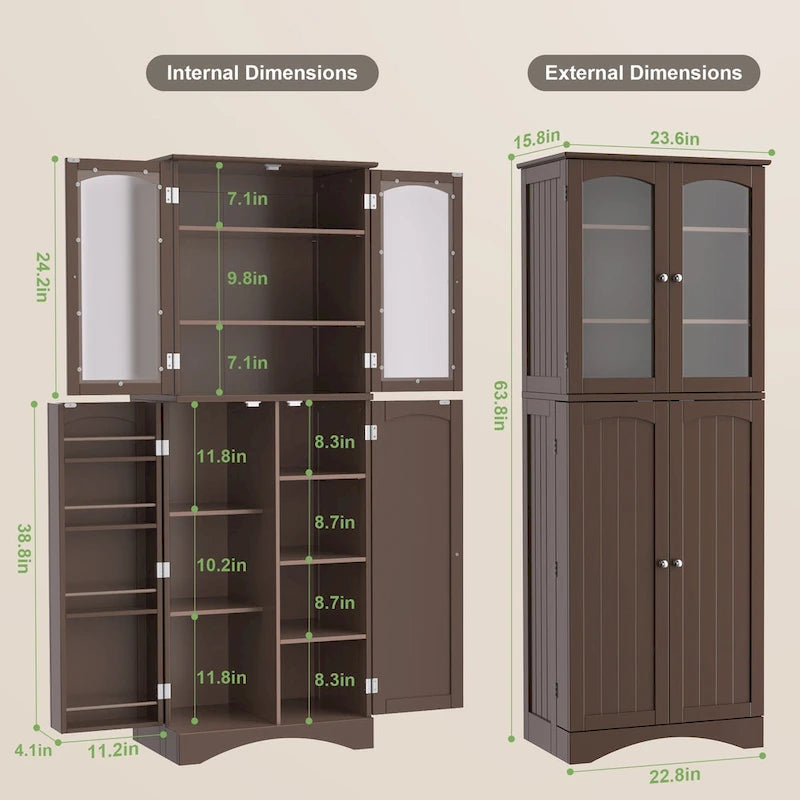 White 64" Tall Glass Door Kitchen Pantry Cabinet, 4-Door, 1-Person Assembly