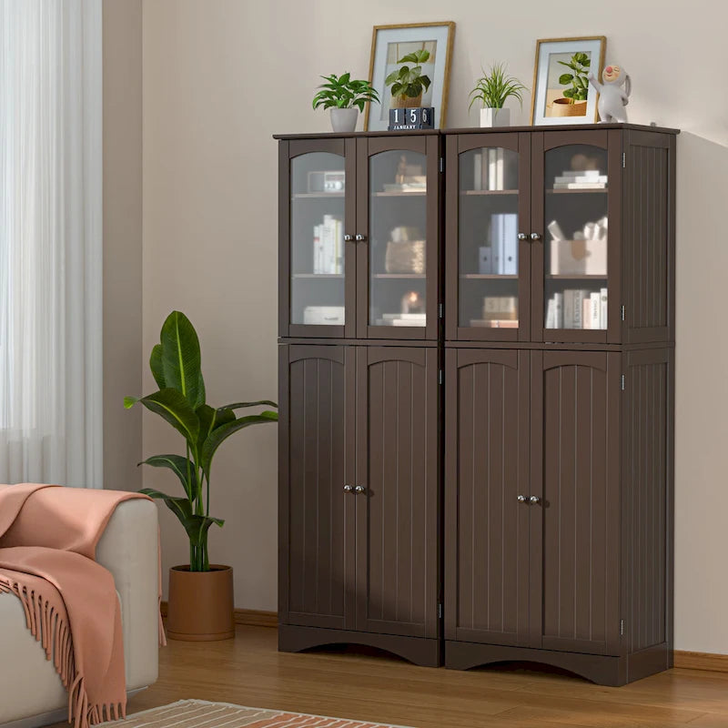 White 64" Tall Glass Door Kitchen Pantry Cabinet, 4-Door, 1-Person Assembly
