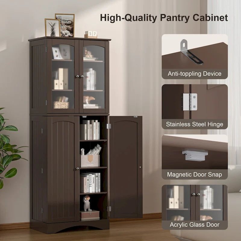 White 64" Tall Glass Door Kitchen Pantry Cabinet, 4-Door, 1-Person Assembly