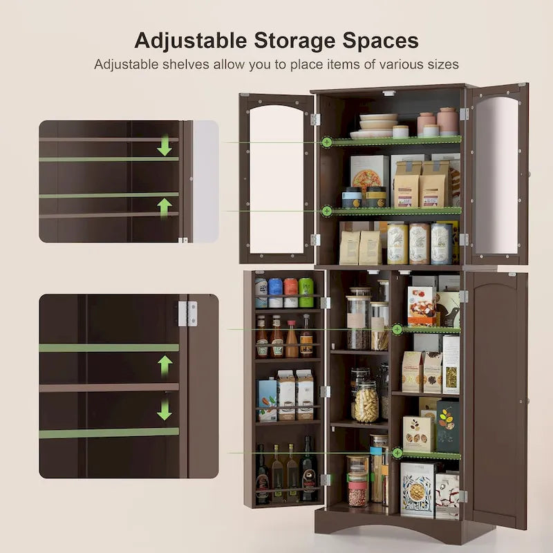 White 64" Tall Glass Door Kitchen Pantry Cabinet, 4-Door, 1-Person Assembly