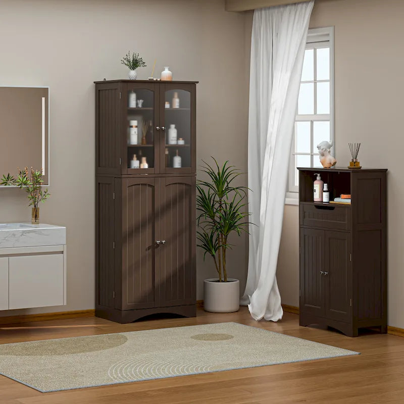 White 64" Tall Glass Door Kitchen Pantry Cabinet, 4-Door, 1-Person Assembly