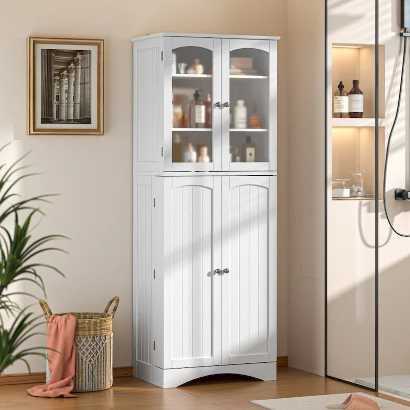 White 64" Tall Glass Door Kitchen Pantry Cabinet, 4-Door, 1-Person Assembly