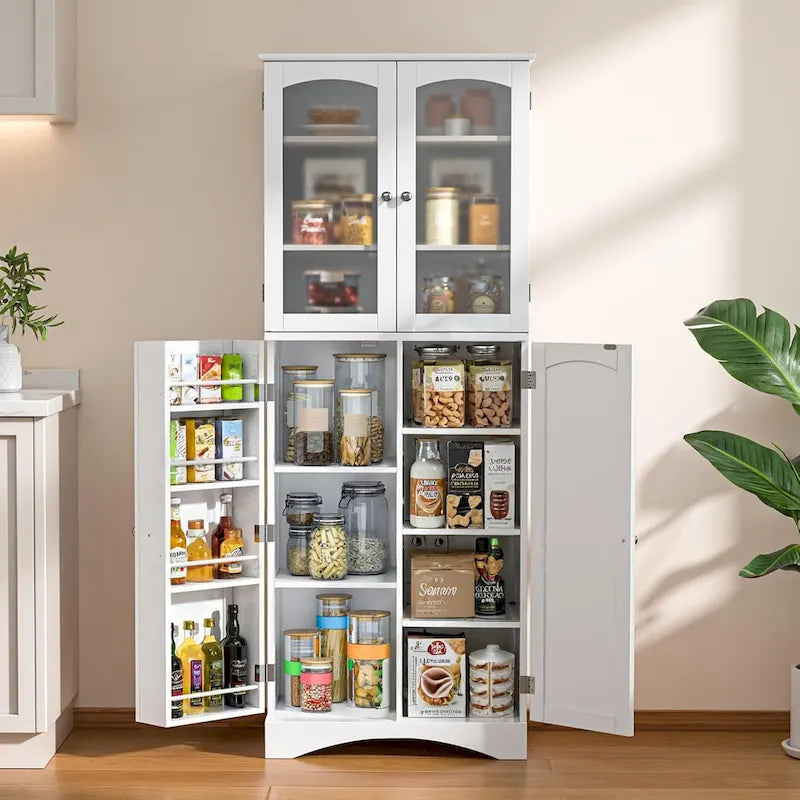 White 64" Tall Glass Door Kitchen Pantry Cabinet, 4-Door, 1-Person Assembly