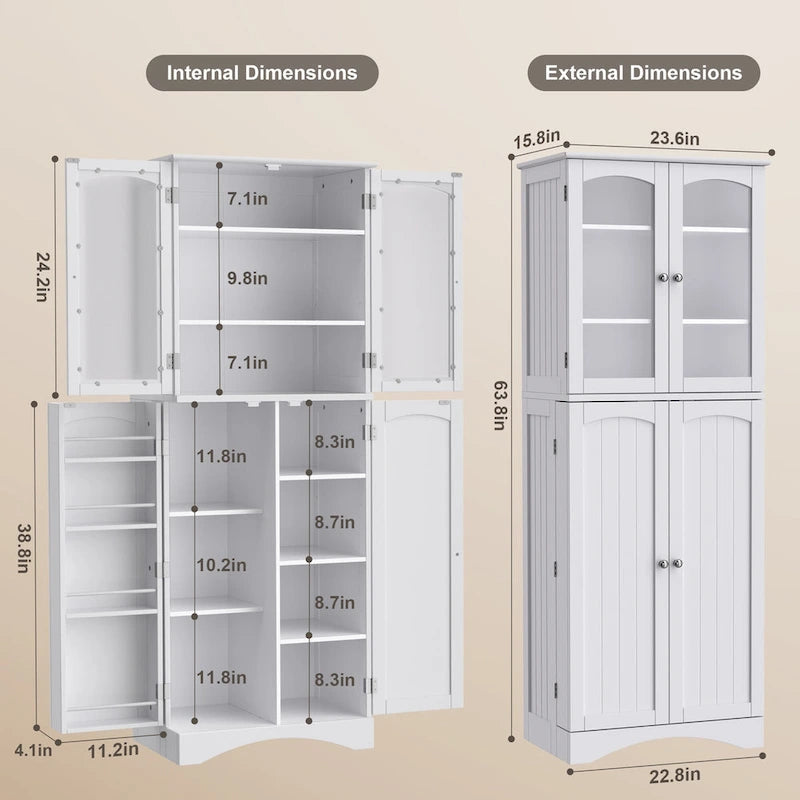White 64" Tall Glass Door Kitchen Pantry Cabinet, 4-Door, 1-Person Assembly