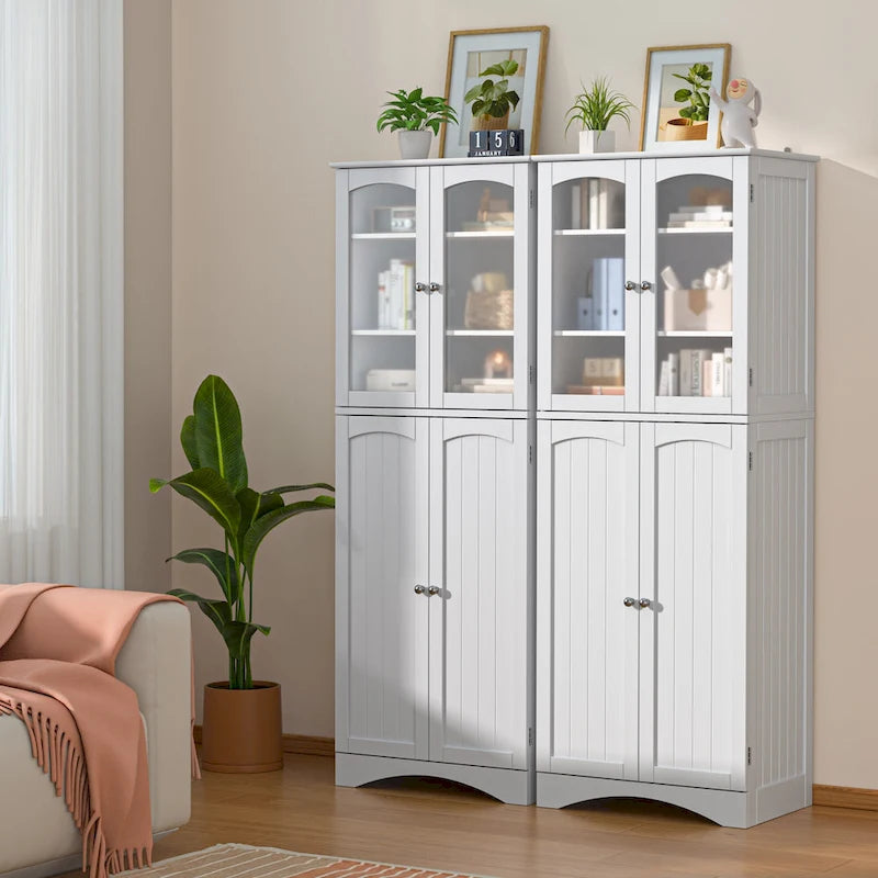 White 64" Tall Glass Door Kitchen Pantry Cabinet, 4-Door, 1-Person Assembly