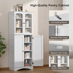 White 64" Tall Glass Door Kitchen Pantry Cabinet, 4-Door, 1-Person Assembly