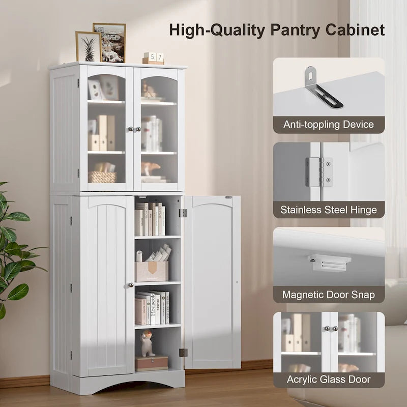 White 64" Tall Glass Door Kitchen Pantry Cabinet, 4-Door, 1-Person Assembly