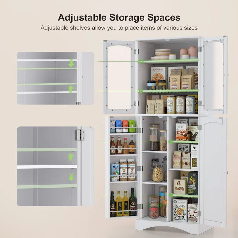 White 64" Tall Glass Door Kitchen Pantry Cabinet, 4-Door, 1-Person Assembly