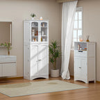 White 64" Tall Glass Door Kitchen Pantry Cabinet, 4-Door, 1-Person Assembly