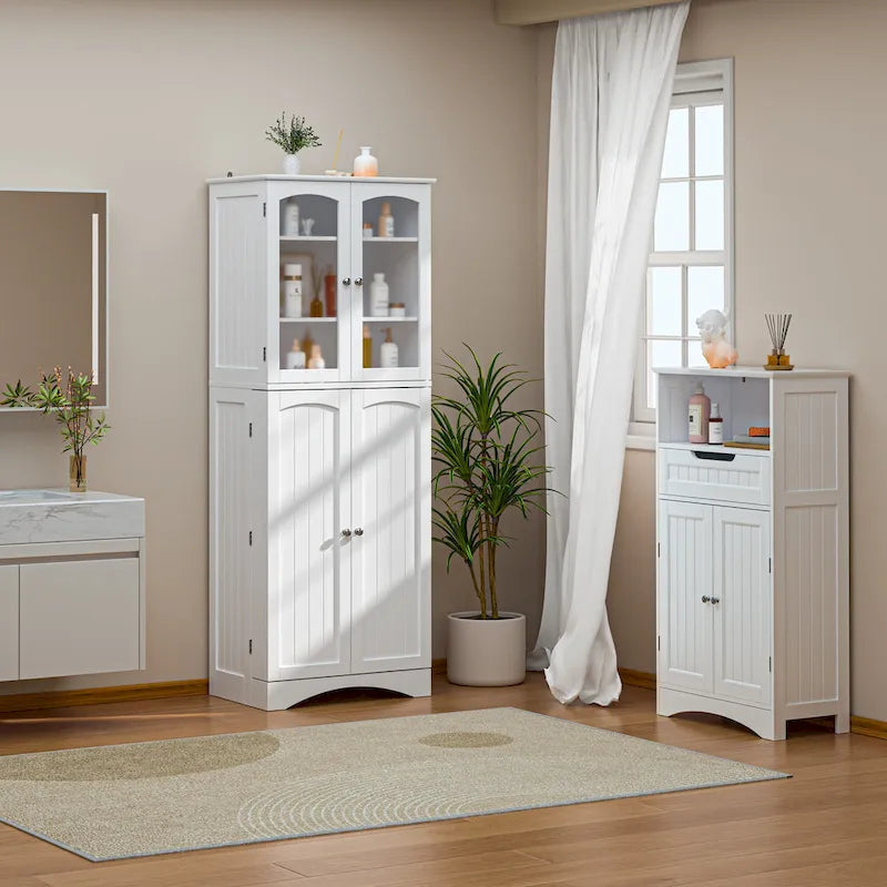 White 64" Tall Glass Door Kitchen Pantry Cabinet, 4-Door, 1-Person Assembly