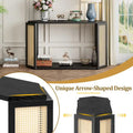 Black / Antique Blue Arrow-Shaped Console Table with Rattan Panel, 2-Person Entryway, Open Shelf