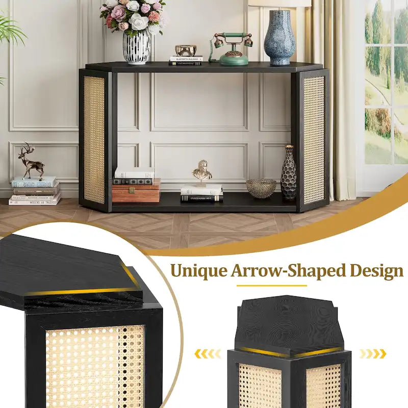 Black / Antique Blue Arrow-Shaped Console Table with Rattan Panel, 2-Person Entryway, Open Shelf