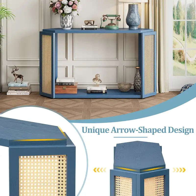 Black / Antique Blue Arrow-Shaped Console Table with Rattan Panel, 2-Person Entryway, Open Shelf