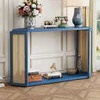 Black / Antique Blue Arrow-Shaped Console Table with Rattan Panel, 2-Person Entryway, Open Shelf