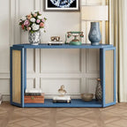 Black / Antique Blue Arrow-Shaped Console Table with Rattan Panel, 2-Person Entryway, Open Shelf