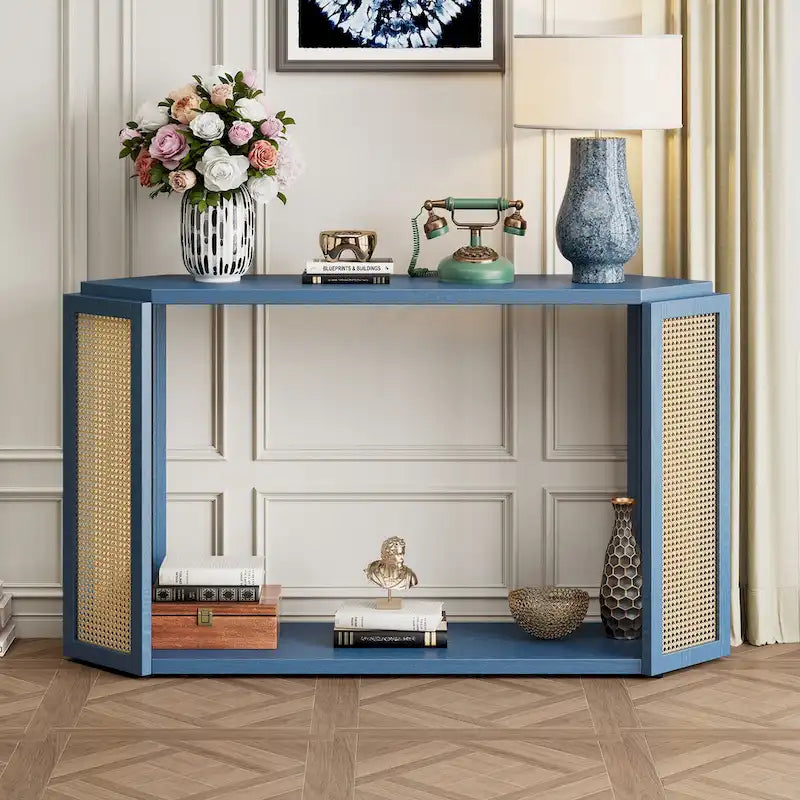Black / Antique Blue Arrow-Shaped Console Table with Rattan Panel, 2-Person Entryway, Open Shelf