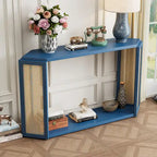 Black / Antique Blue Arrow-Shaped Console Table with Rattan Panel, 2-Person Entryway, Open Shelf