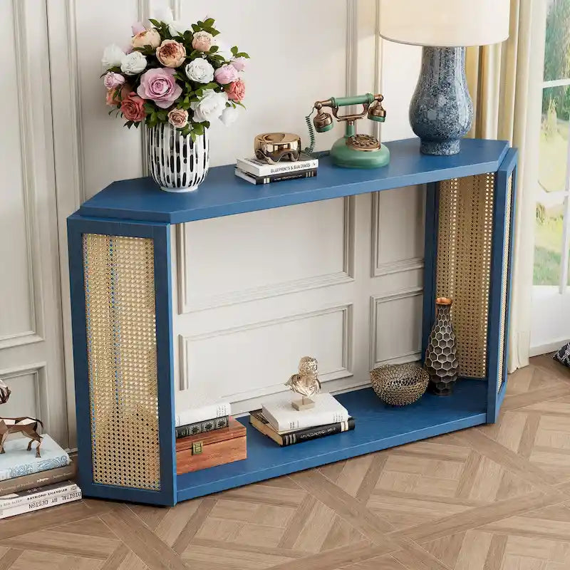 Black / Antique Blue Arrow-Shaped Console Table with Rattan Panel, 2-Person Entryway, Open Shelf