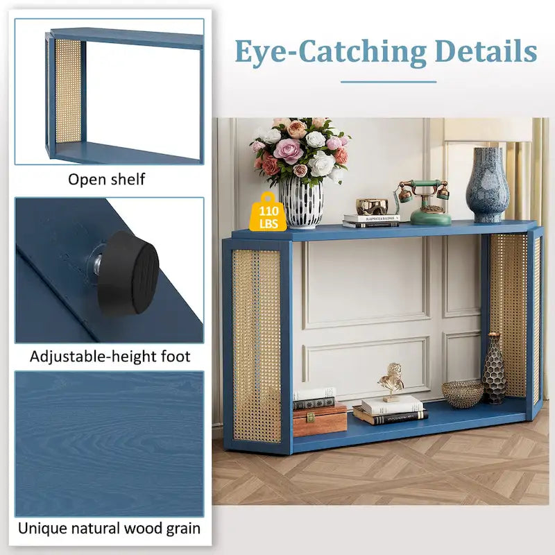 Black / Antique Blue Arrow-Shaped Console Table with Rattan Panel, 2-Person Entryway, Open Shelf