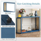 Black / Antique Blue Arrow-Shaped Console Table with Rattan Panel, 2-Person Entryway, Open Shelf