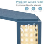 Black / Antique Blue Arrow-Shaped Console Table with Rattan Panel, 2-Person Entryway, Open Shelf