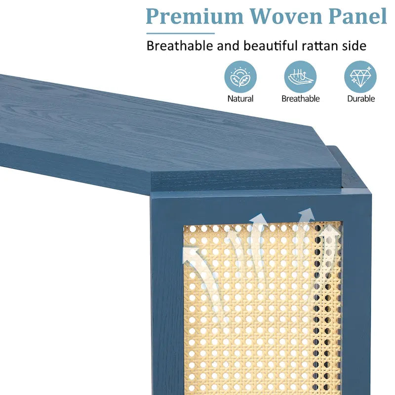 Black / Antique Blue Arrow-Shaped Console Table with Rattan Panel, 2-Person Entryway, Open Shelf