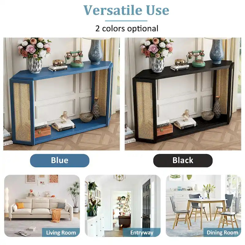 Black / Antique Blue Arrow-Shaped Console Table with Rattan Panel, 2-Person Entryway, Open Shelf