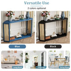 Black / Antique Blue Arrow-Shaped Console Table with Rattan Panel, 2-Person Entryway, Open Shelf