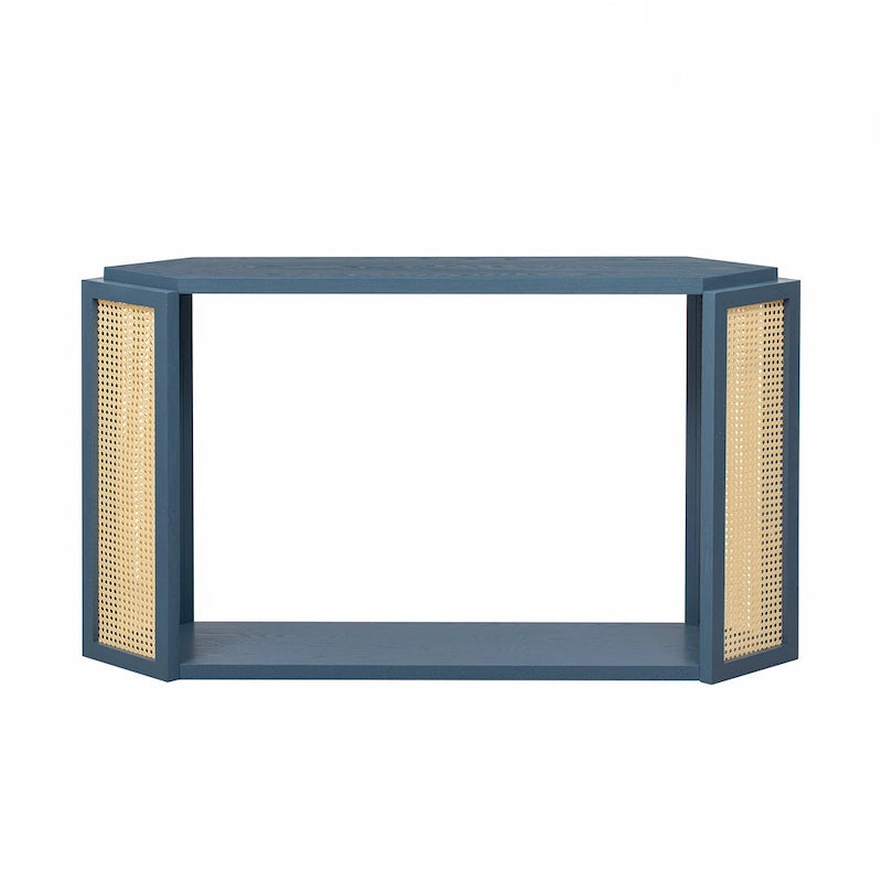 Black / Antique Blue Arrow-Shaped Console Table with Rattan Panel, 2-Person Entryway, Open Shelf