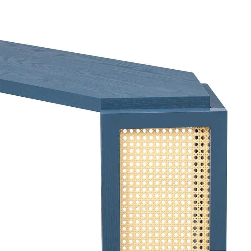 Black / Antique Blue Arrow-Shaped Console Table with Rattan Panel, 2-Person Entryway, Open Shelf