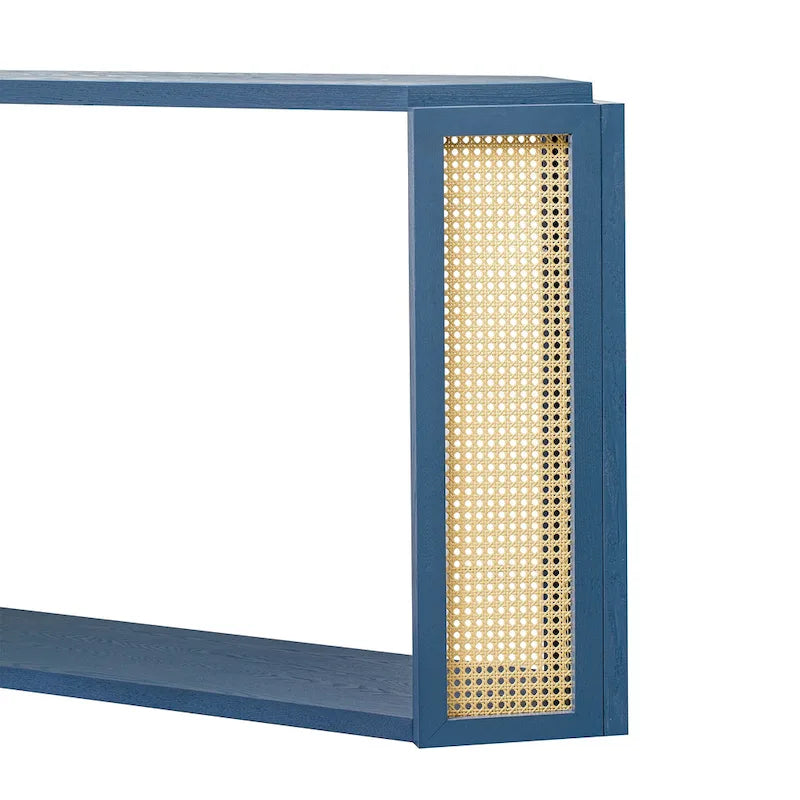 Black / Antique Blue Arrow-Shaped Console Table with Rattan Panel, 2-Person Entryway, Open Shelf