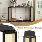 Black / Antique Blue Arrow-Shaped Console Table with Rattan Panel, 2-Person Entryway, Open Shelf
