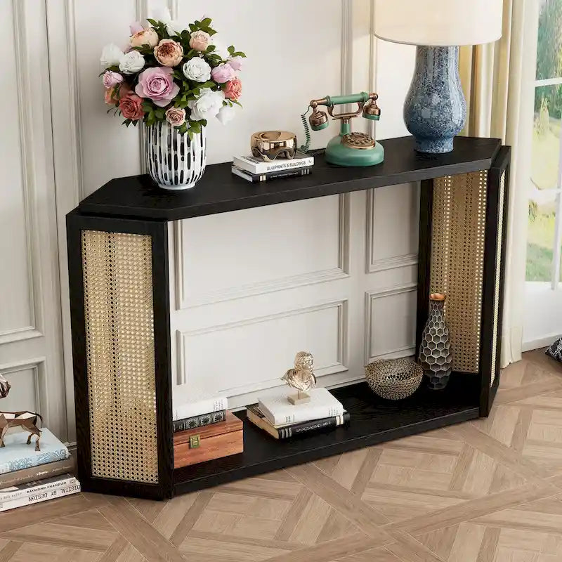 Black / Antique Blue Arrow-Shaped Console Table with Rattan Panel, 2-Person Entryway, Open Shelf