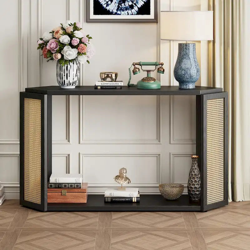 Black / Antique Blue Arrow-Shaped Console Table with Rattan Panel, 2-Person Entryway, Open Shelf