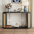 Black / Antique Blue Arrow-Shaped Console Table with Rattan Panel, 2-Person Entryway, Open Shelf
