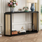 Black / Antique Blue Arrow-Shaped Console Table with Rattan Panel, 2-Person Entryway, Open Shelf