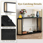 Black / Antique Blue Arrow-Shaped Console Table with Rattan Panel, 2-Person Entryway, Open Shelf
