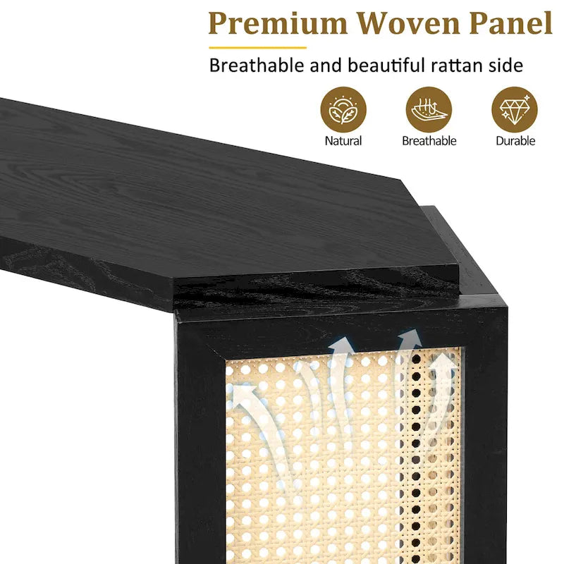 Black / Antique Blue Arrow-Shaped Console Table with Rattan Panel, 2-Person Entryway, Open Shelf