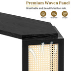 Black / Antique Blue Arrow-Shaped Console Table with Rattan Panel, 2-Person Entryway, Open Shelf