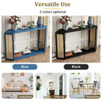 Black / Antique Blue Arrow-Shaped Console Table with Rattan Panel, 2-Person Entryway, Open Shelf