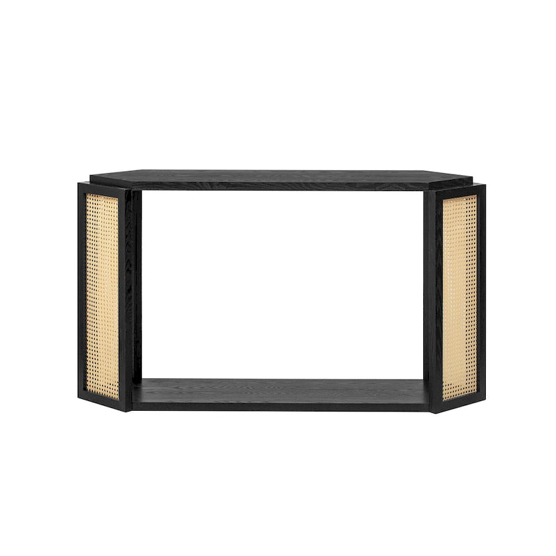 Black / Antique Blue Arrow-Shaped Console Table with Rattan Panel, 2-Person Entryway, Open Shelf