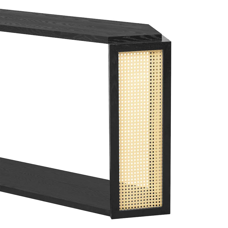 Black / Antique Blue Arrow-Shaped Console Table with Rattan Panel, 2-Person Entryway, Open Shelf