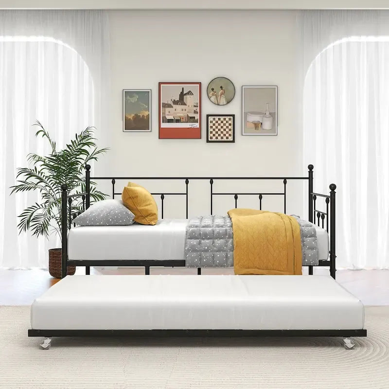Black Metal Twin Daybed with Trundle, Sleeps 2