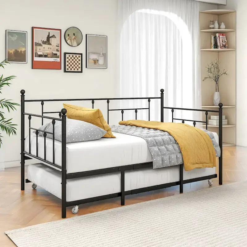 Black Metal Twin Daybed with Trundle, Sleeps 2