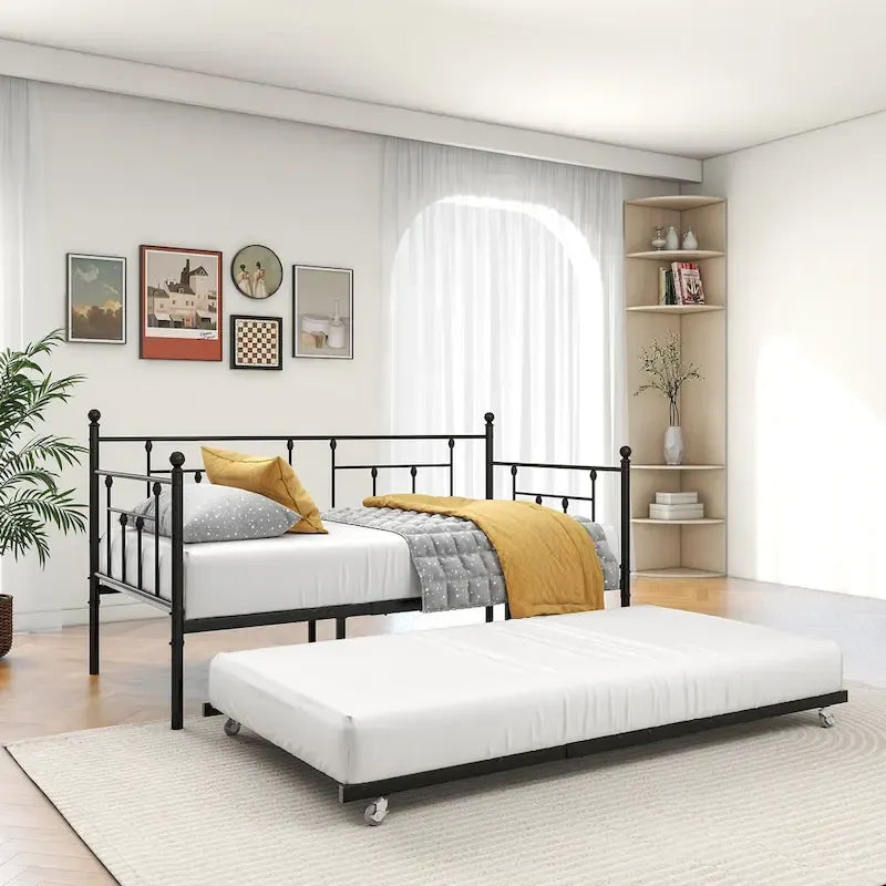 Black Metal Twin Daybed with Trundle, Sleeps 2