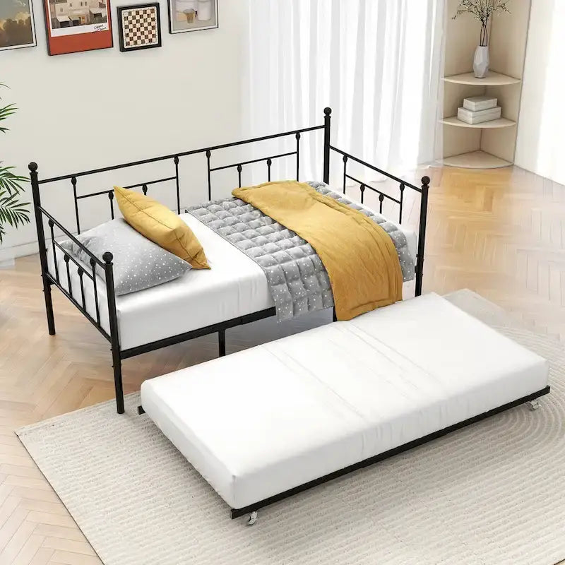 Black Metal Twin Daybed with Trundle, Sleeps 2