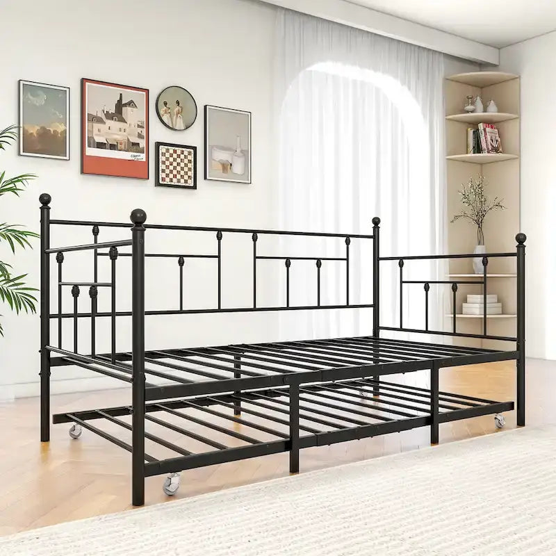 Black Metal Twin Daybed with Trundle, Sleeps 2