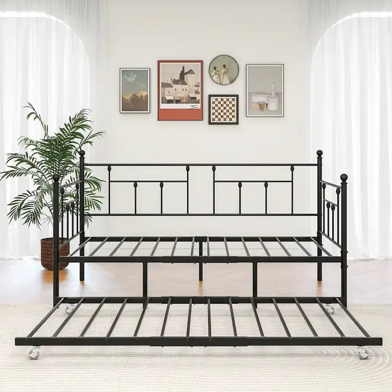 Black Metal Twin Daybed with Trundle, Sleeps 2